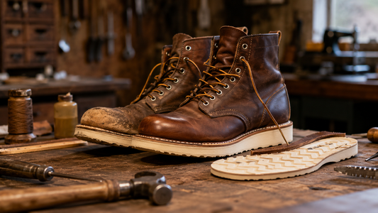 Bottes de travail en cuir et semelle de remplacement sur l’établi d’un cordonnier au Québec